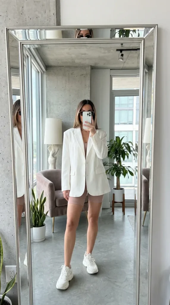 Woman in white blazer over bike shorts showing All Pink Fall Outfit Ideas in a modern loft.