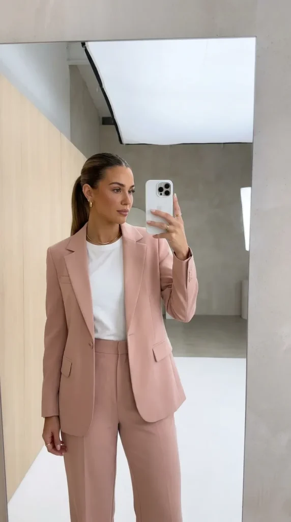 Woman in matching blush blazer and trousers suit set – polished All Pink Outfit Ideas for Winter