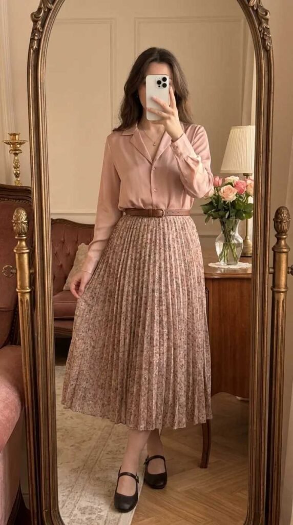 Woman in blush blouse and pleated midi skirt posing in mirror – Light Pink Outfit Ideas for Women