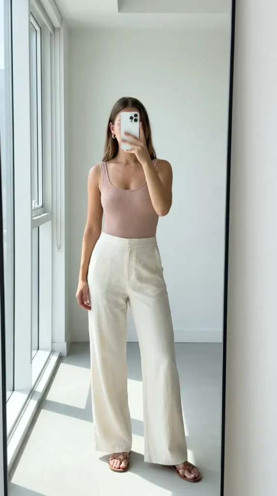 Woman in blush ribbed bodysuit and cream wide-leg pants, modern Light Pink Outfit Ideas for Summer.