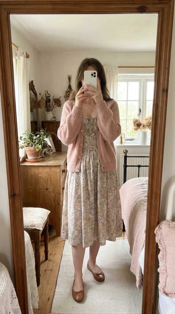 Woman wearing blush cardigan over floral sundress in cozy room – Light Pink Outfit Ideas for Women