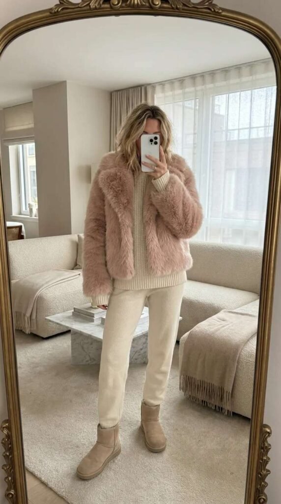 Light Pink Outfit Ideas for Winter featuring a blush faux fur jacket over cream knit set and boots.