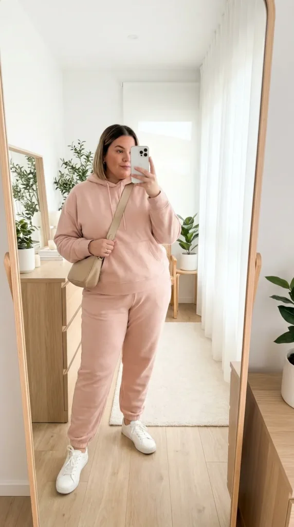 Plus-size woman in matching blush hoodie and joggers set – Light Pink Outfit Ideas for Plus Size Women