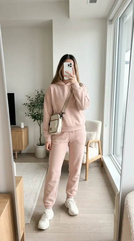 Woman in matching blush hoodie and joggers with sneakers – comfy All Pink Outfit Ideas for Winter