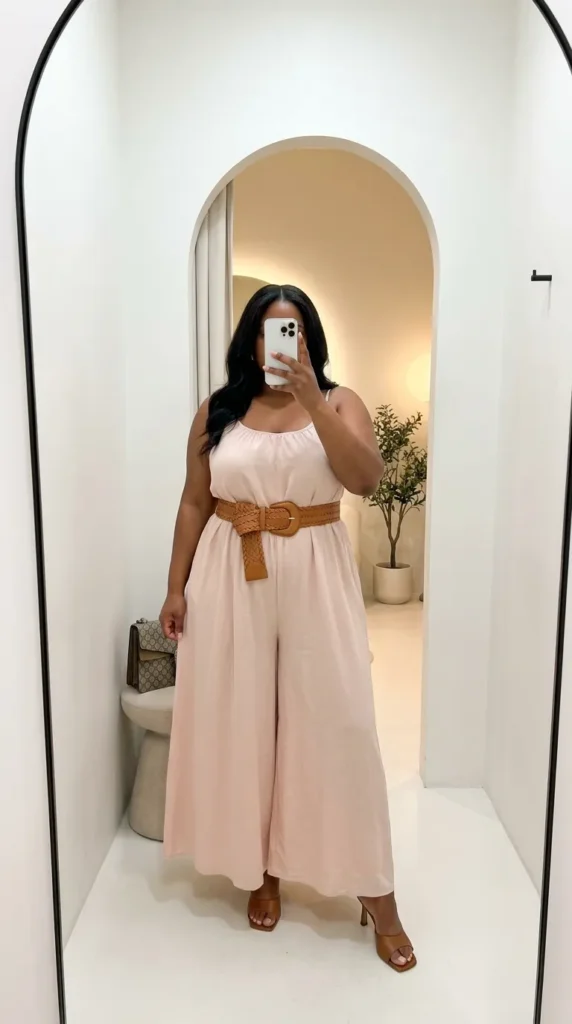 Woman in light pink jumpsuit with woven belt and heels – Light Pink Outfit Ideas for Plus Size Women