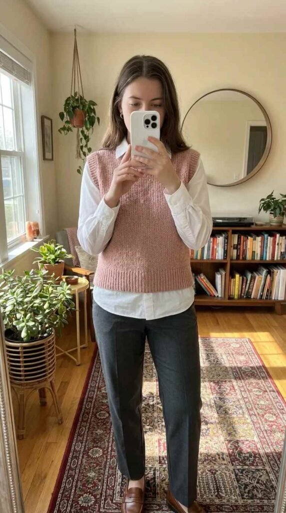Woman in blush knit vest over white shirt with gray pants, polished light pink outfit ideas for fall.