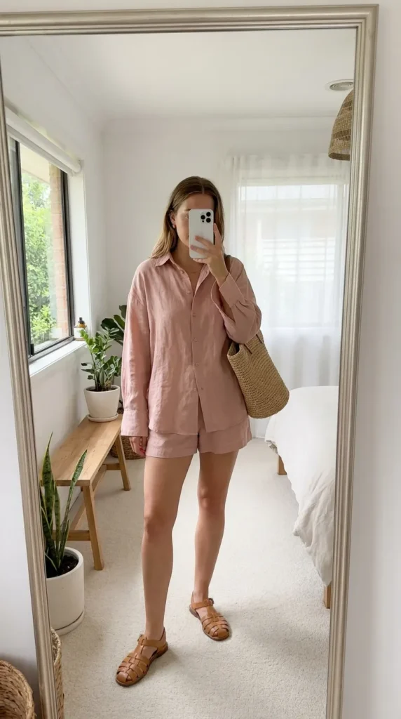 Woman in a blush pink linen shirt and shorts set with woven bag, All Pink Summer Outfit Ideas.