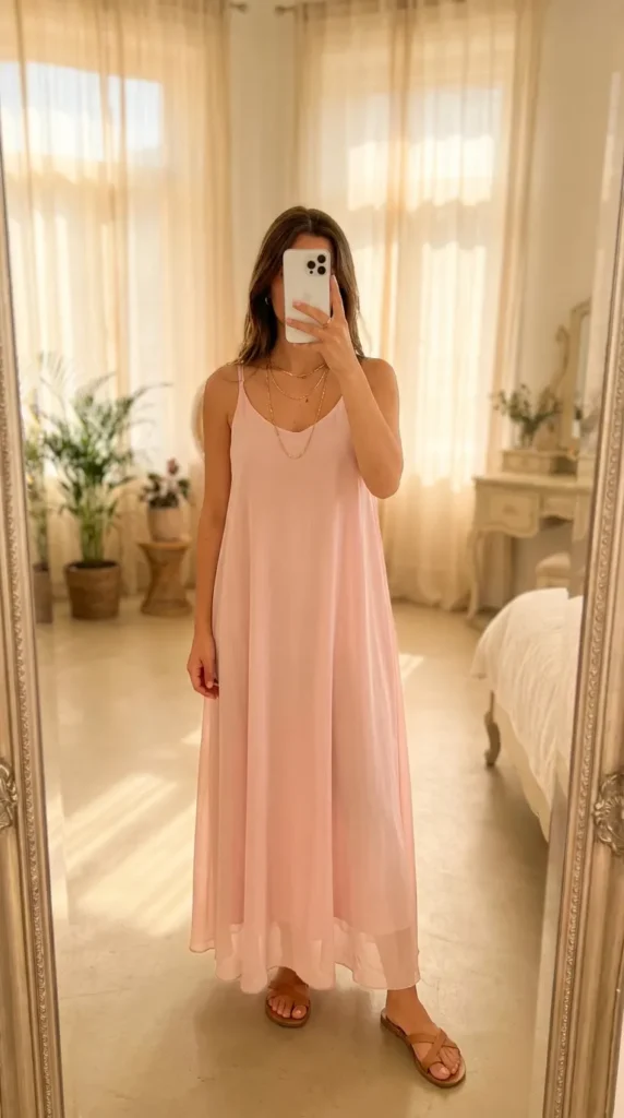 Woman in flowing blush maxi dress with layered necklaces – Light Pink Outfit Ideas for Women