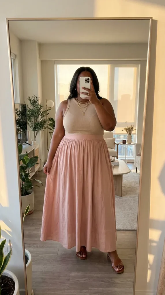 Curvy woman in blush maxi skirt and beige tank top – Light Pink Outfit Ideas for Plus Size Women