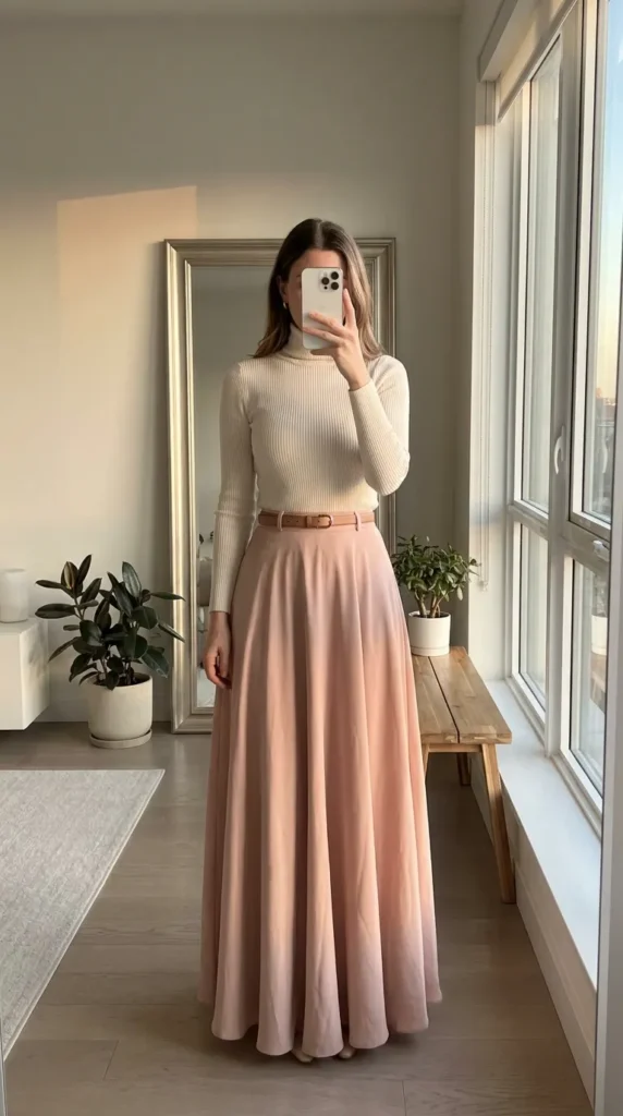 Woman in cream turtleneck and blush maxi skirt presenting All Pink Fall Outfit Ideas by a window.