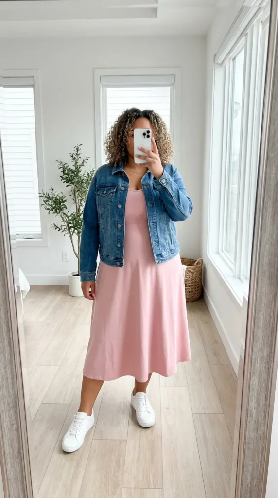 Woman in blush midi dress layered with denim jacket – Light Pink Outfit Ideas for Plus Size Women