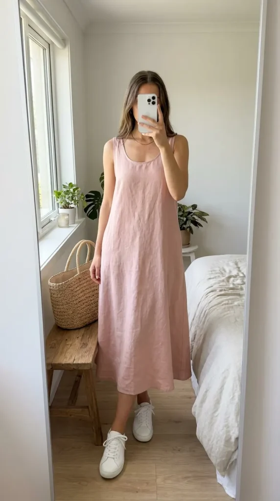 Woman in blush linen midi dress and white sneakers, casual Light Pink Outfit Ideas for Summer look.
Characters: 103