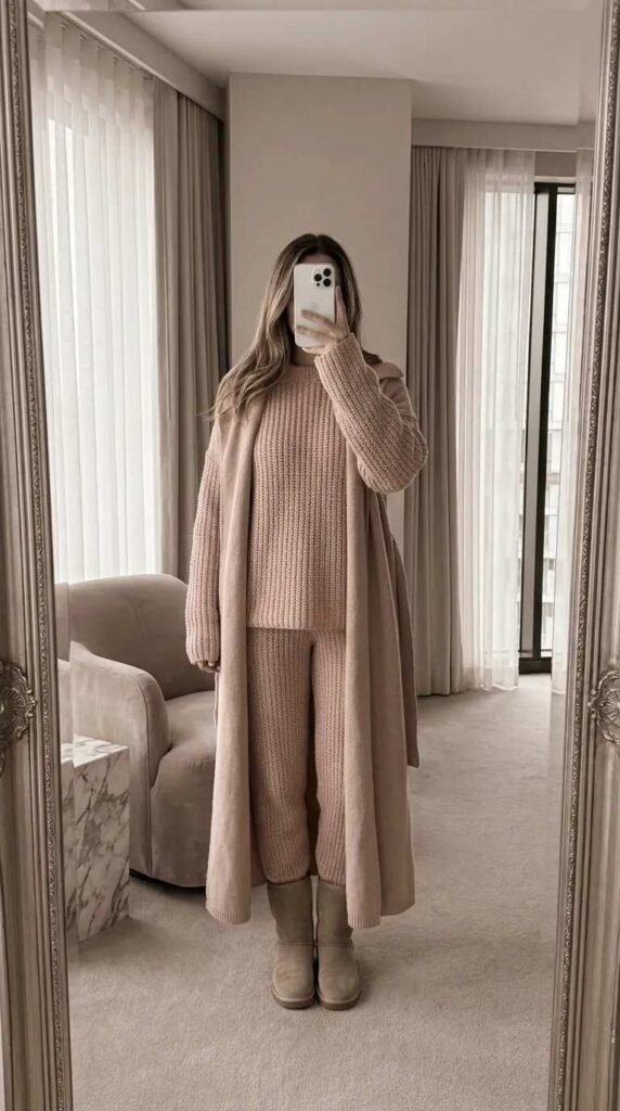 Light Pink Outfit Ideas for Winter featuring a matching blush knit set under a long coat and boots.
