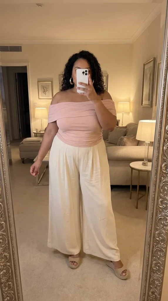 Curvy woman in blush off-shoulder top and cream flowy pants – Light Pink Outfit Ideas for Plus Size Women