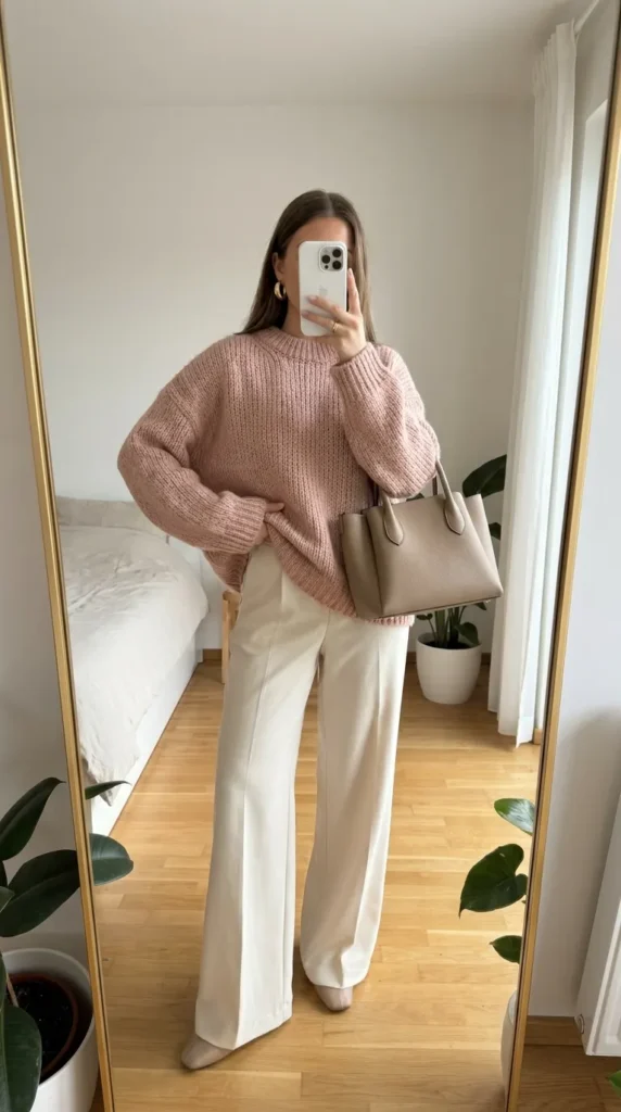 Woman in oversized blush sweater with cream wide-leg trousers – All Pink Outfit Ideas for Winter