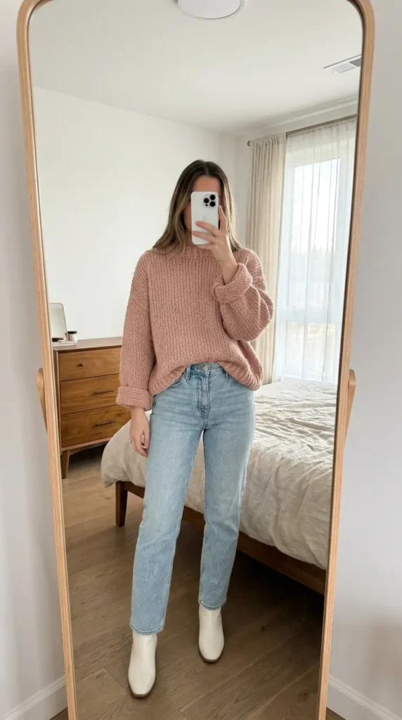 Woman in oversized blush sweater and light jeans showing All Pink Fall Outfit Ideas in a bedroom.