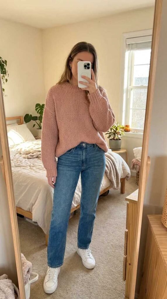 Woman in oversized blush sweater and blue jeans with white sneakers, easy light pink outfit ideas for fall.