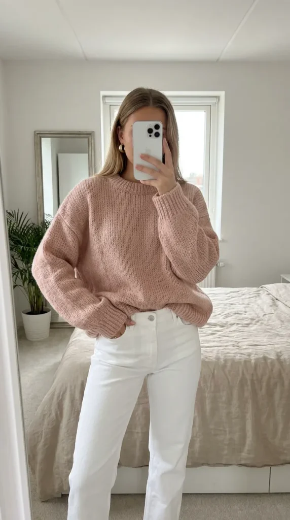 Woman in oversized blush sweater and white jeans taking mirror selfie – Light Pink Outfit Ideas for Women