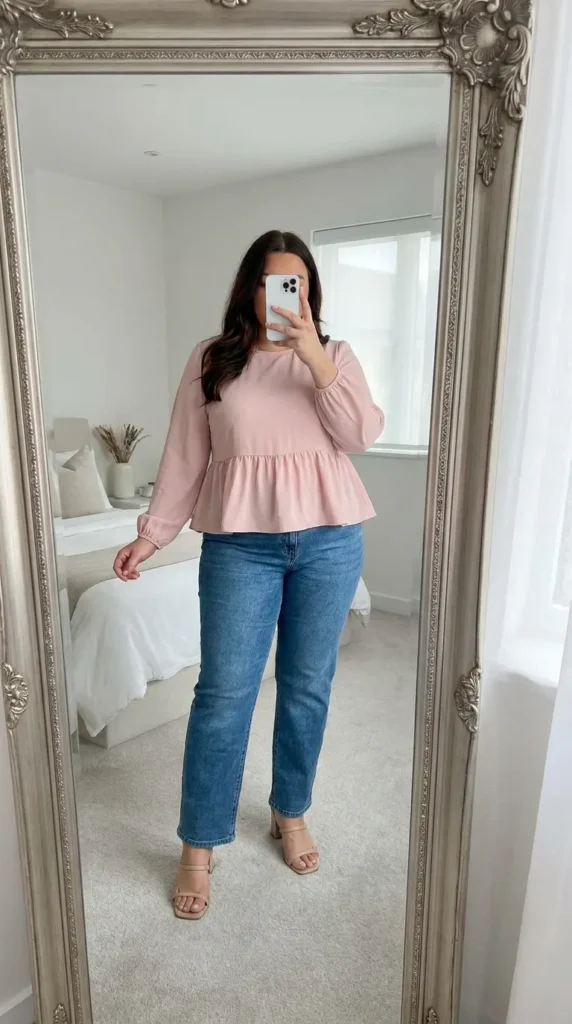 Woman in blush peplum top and straight jeans demonstrating Light Pink Outfit Ideas for Plus Size Women
