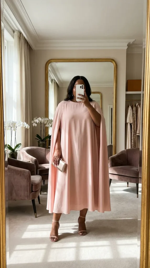 Plus size woman in blush pink cape dress with clutch, graceful All Pink Outfit Ideas for Plus Size women.