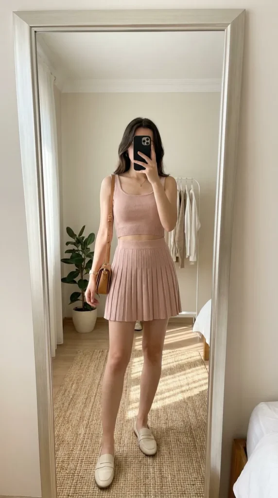 Woman in blush pink crop top and pleated mini skirt set – All Pink Outfit Ideas
