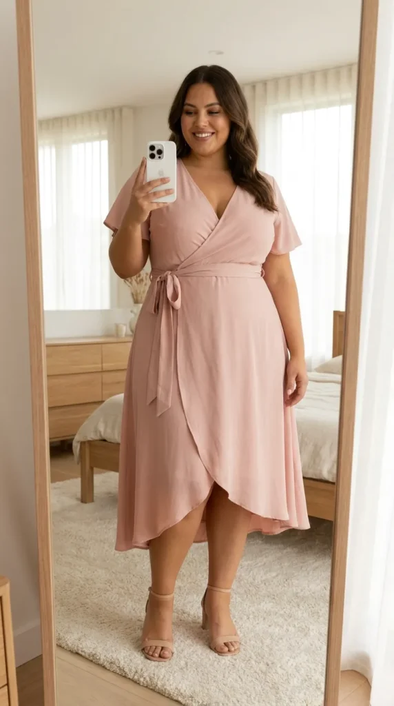 Plus size woman in blush pink wrap dress and heels, elegant All Pink Outfit Ideas for Plus Size women.