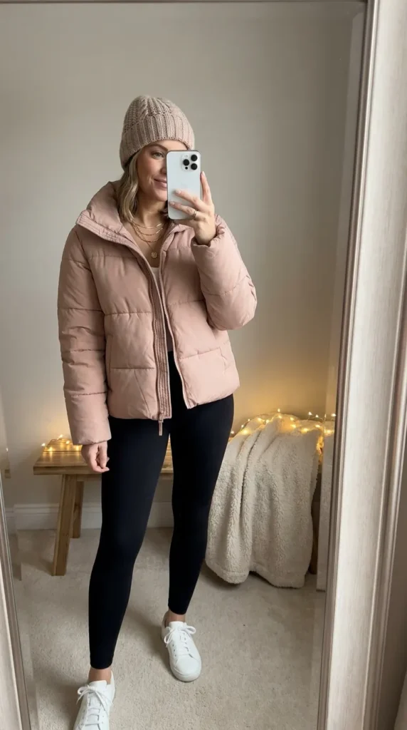 Woman in blush puffer jacket, beanie and black leggings – Light Pink Outfit Ideas for Women