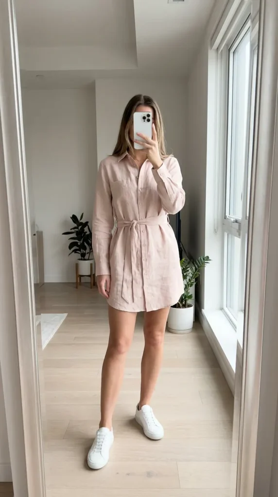 Woman in blush linen shirt dress and white sneakers, relaxed Light Pink Outfit Ideas for Summer.