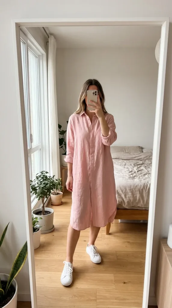 Woman in long blush pink shirt dress with white sneakers – All Pink Outfit Ideas
