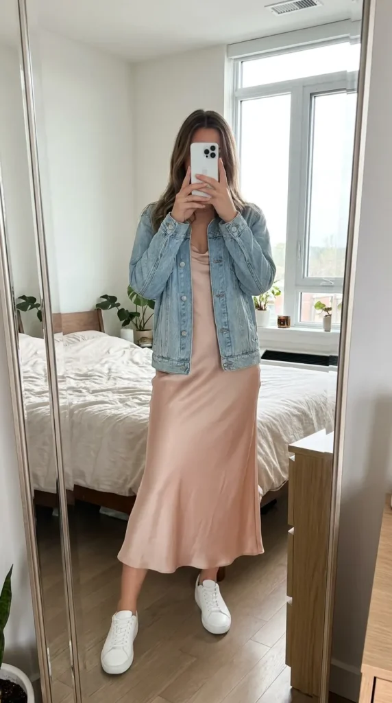 Woman in blush slip dress layered with denim jacket, casual Light Pink Outfit Ideas for Summer.