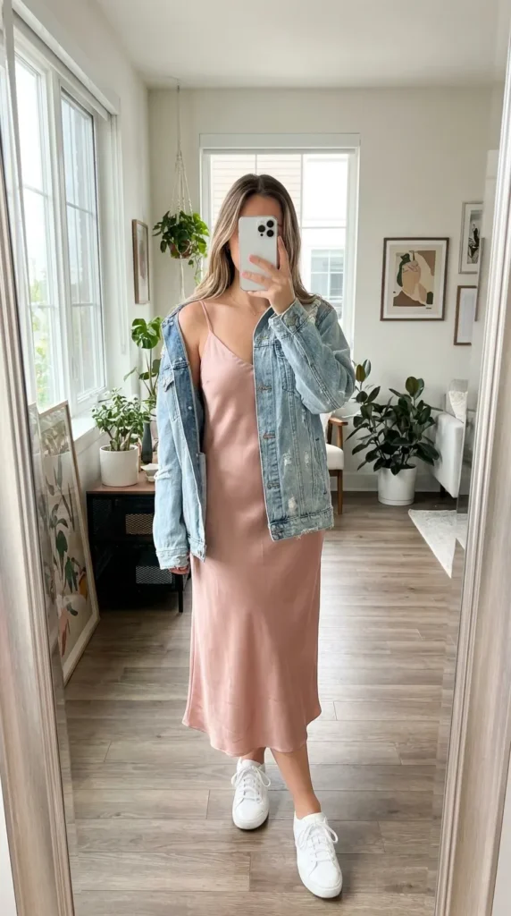 Woman in blush slip dress layered with denim jacket and sneakers – Light Pink Outfit Ideas for Women