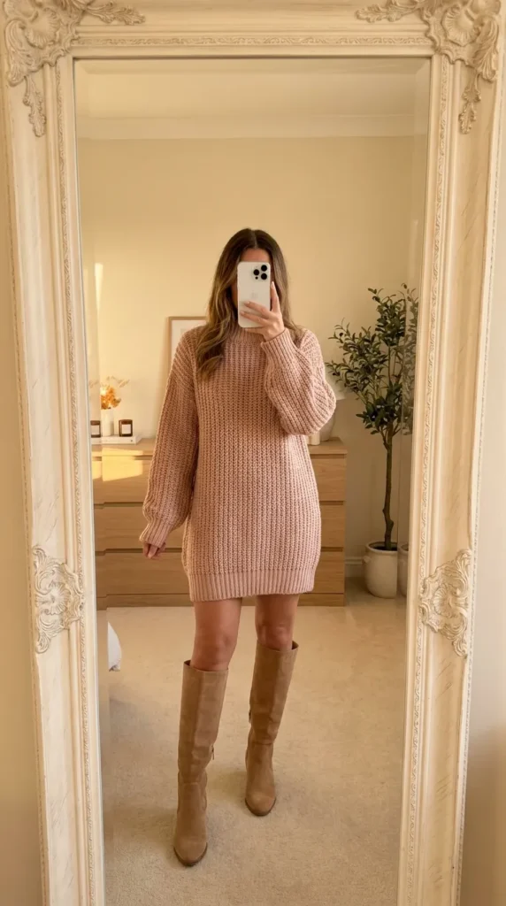 Woman in chunky blush sweater dress with knee-high boots – Light Pink Outfit Ideas for Women