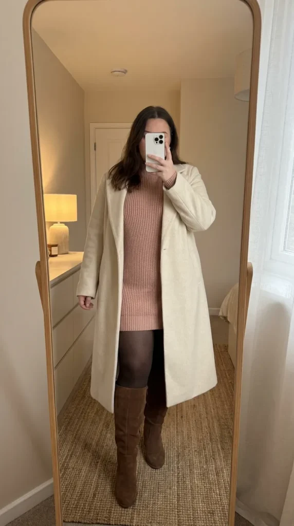 Plus-size woman in blush sweater dress, coat and boots – Light Pink Outfit Ideas for Plus Size Women