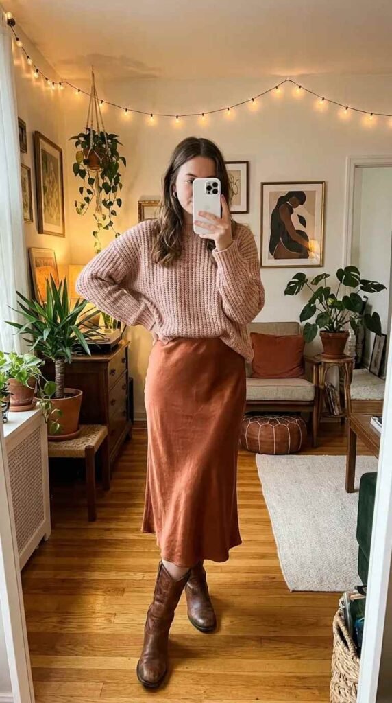 Woman in chunky blush sweater and rust midi skirt with cowboy boots, light pink outfit ideas for fall.