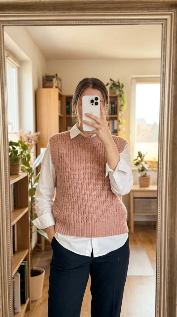 Woman in blush sweater vest over white shirt displaying All Pink Fall Outfit Ideas in a study.