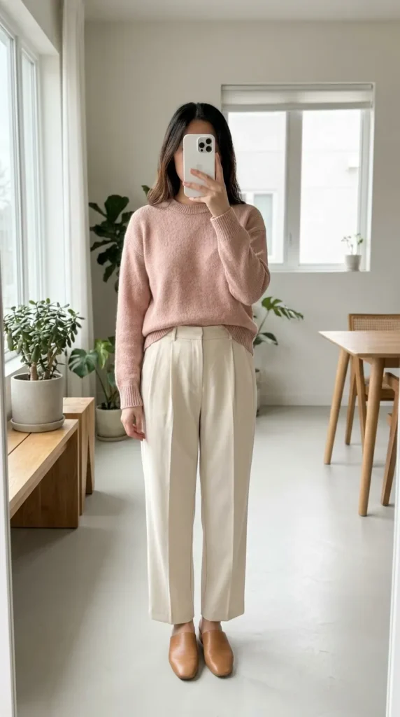 Woman in blush sweater and cream wide-leg pants with loafers, minimal light pink outfit ideas for fall.