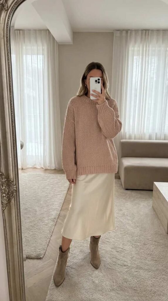 Light Pink Outfit Ideas for Winter with an oversized blush sweater over a cream slip dress and boots.