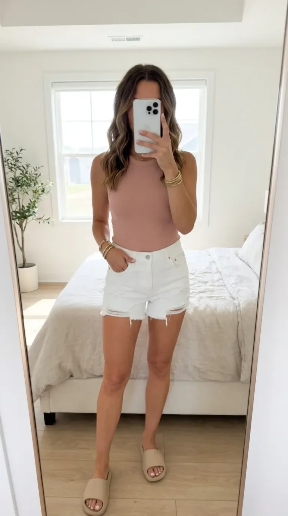 Woman in blush ribbed tank and white denim shorts, cool Light Pink Outfit Ideas for Summer combo.