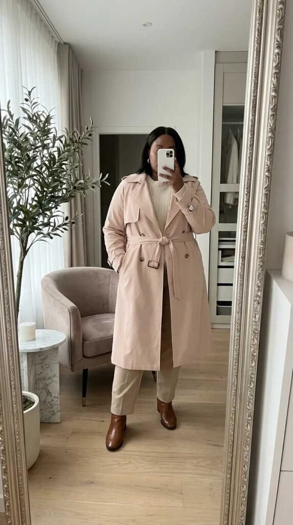 Woman in blush trench coat over cream knit and trousers – Light Pink Outfit Ideas for Plus Size Women