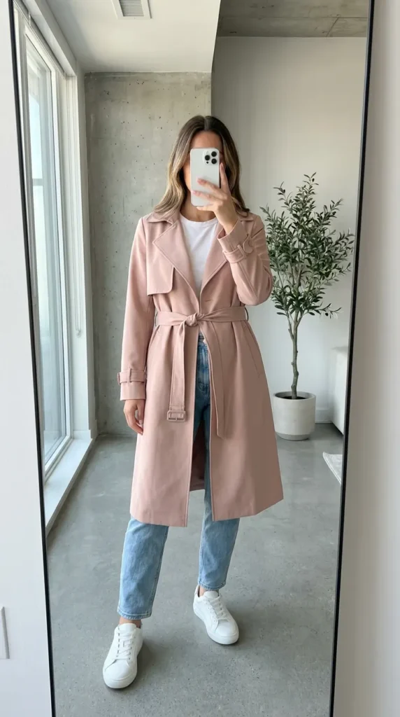 Woman in long blush trench coat with white tee, jeans and sneakers – All Pink Outfit Ideas for Winter