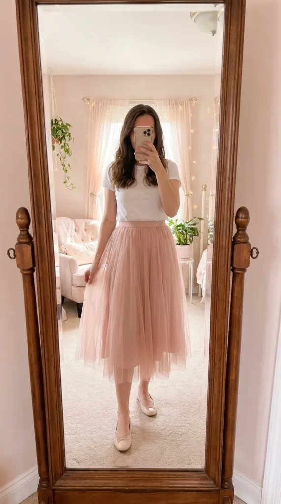 Woman in white tee and blush pink tulle midi skirt – All Pink Outfit Ideas