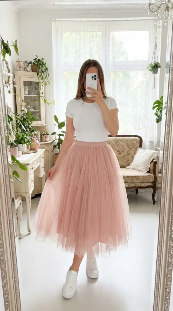 Woman in white tee and blush tulle midi skirt with sneakers, fun Light Pink Outfit Ideas for Summer.