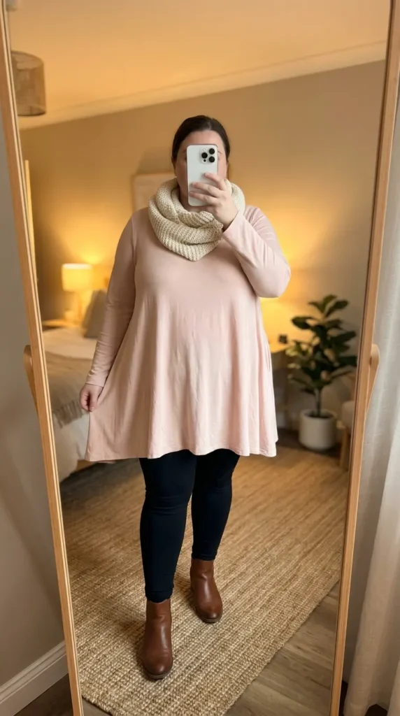 Curvy woman in blush tunic, black leggings and scarf showing Light Pink Outfit Ideas for Plus Size Women