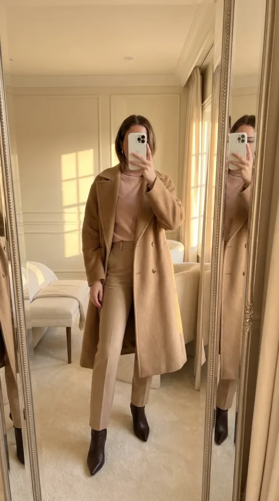 Woman in blush turtleneck and camel coat highlighting All Pink Fall Outfit Ideas in an elegant room.