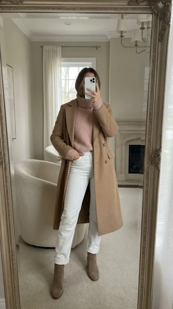 Light Pink Outfit Ideas for Winter in a blush turtleneck under a camel coat with white jeans.