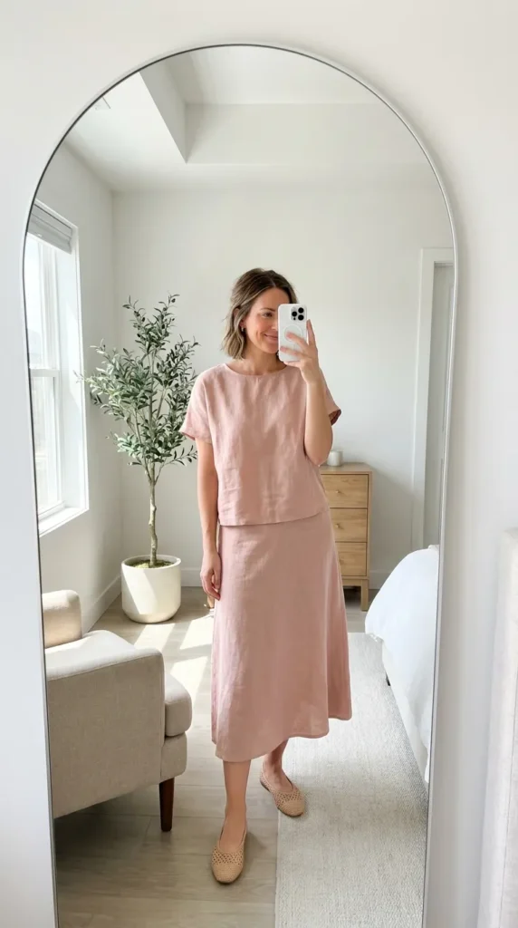 Woman in blush linen co-ord set with top and midi skirt – Light Pink Outfit Ideas for Women