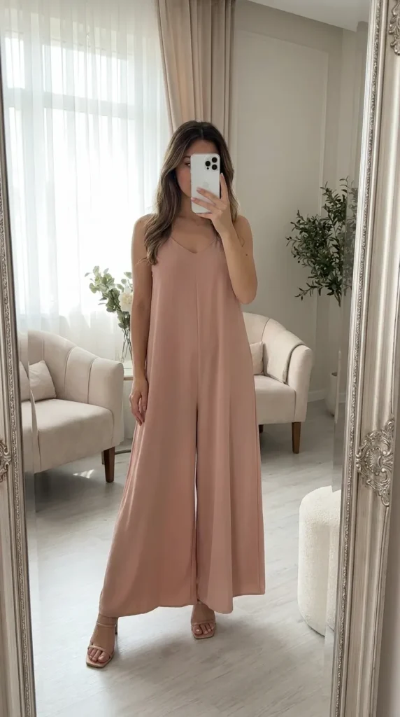 Woman in a blush wide-leg jumpsuit posing in a stylish room, elegant All Pink Summer Outfit Ideas.