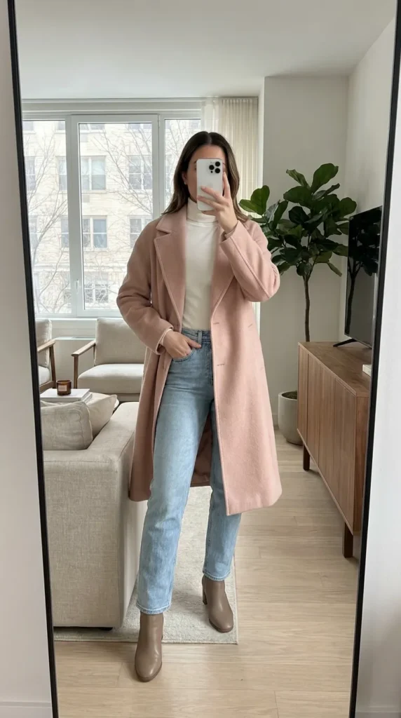 Light Pink Outfit Ideas for Winter featuring a blush wool coat, white turtleneck and light jeans.