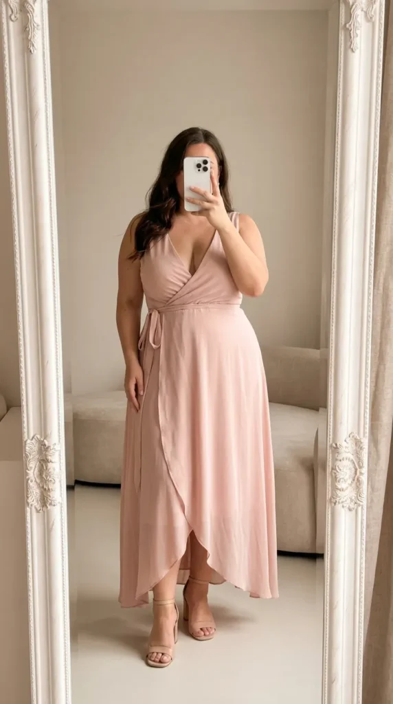 Plus-size woman in flowing blush wrap dress and nude heels – Light Pink Outfit Ideas for Plus Size Women