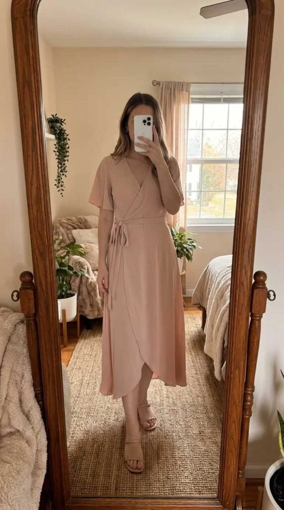 Woman in blush wrap midi dress taking a mirror selfie, soft Light Pink Outfit Ideas for Summer vibe.